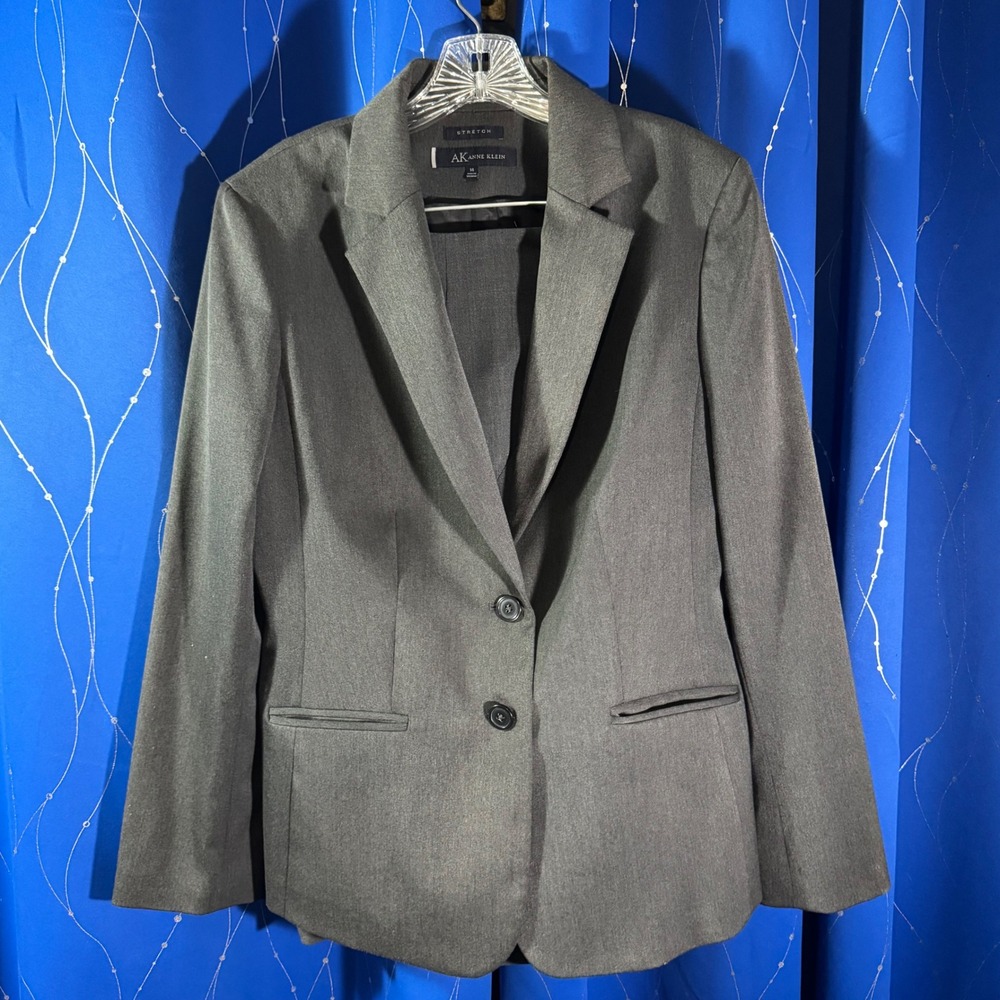 AK Anne Klein Women's Grey‎ Stretch Blazer Jacket Size 14 business 2 button work